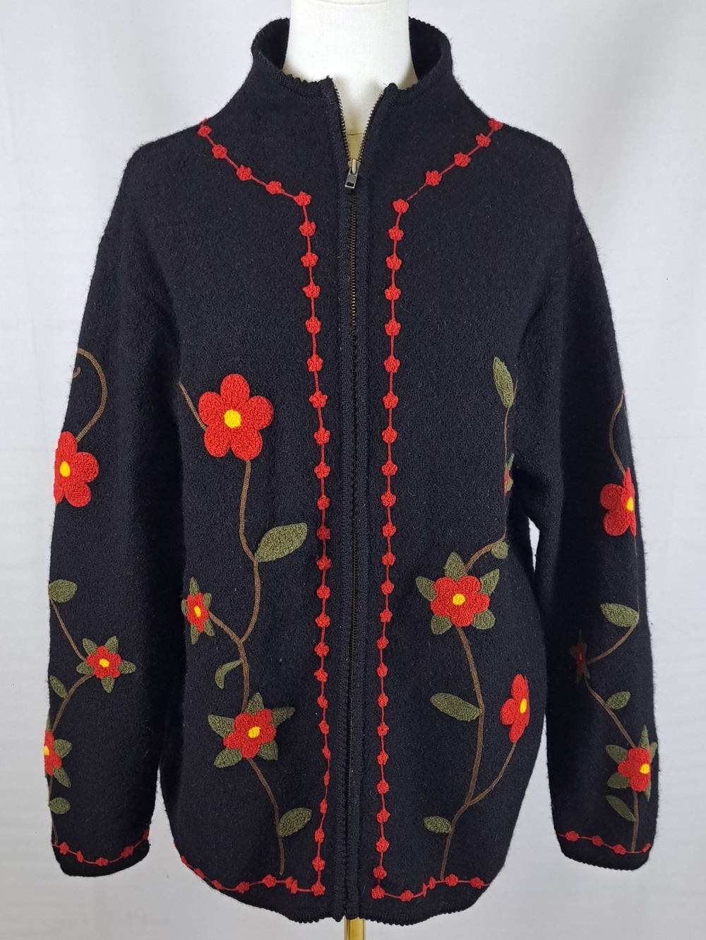 Nordic Design Black & Red Wool Zip Front Floral Embroidered Cardigan Sweater 1X
